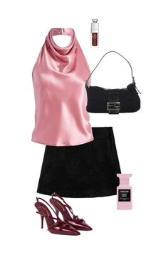 a pink top and black skirt with high heels