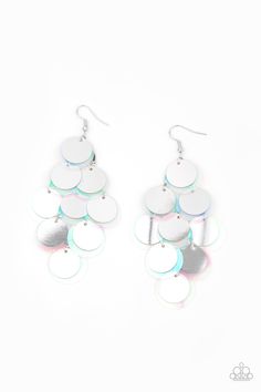 A bubbly collection of oversized silver and iridescent sequins cascade from the ear, creating a flirty holographic fringe. Earring attaches to a standard fishhook fitting. Sold as one pair of earrings. Fringe Earring, Silver Mermaid, Mermaid Earrings, Vintage Lockets, Heart Frame, The Ear, Fish Hook Earrings, Paparazzi Accessories, White Rhinestone