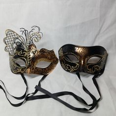 Stunning Gold And Black Venetian Masquerade Masks. Very Lacy And Beautiful. Butterfly Design. Never Worn. Masquerade Ball Dresses And Masks, Maskerade Masks, Gold And Black Mask Masquerade Theme, Venetian Black Masquerade Mask, Gold Fantasy Style Masquerade Mask, Masquerade Suit, Maskerade Mask, Gold Gothic Masquerade Mask For Party, Black And Gold Mask