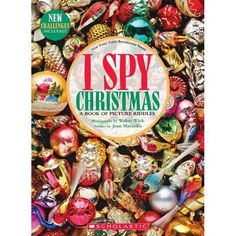 the cover of i spy christmas book with lots of ornaments on it's surface