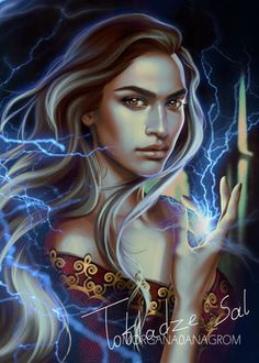 a painting of a woman holding a lightening wand in her hand with lightning behind her