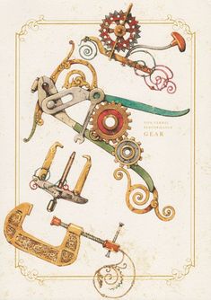 an image of various types of scissors and other things in the shape of gears on paper