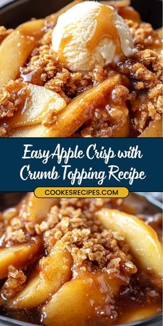 an apple crisp with crumble topping recipe in a skillet and topped with ice cream