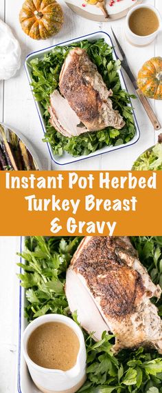 instant pot herbed turkey breast and gravy on a white table with pumpkins