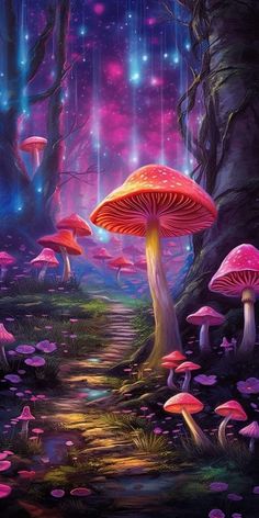 a painting of mushrooms in the woods with bright lights and stars on the sky above them