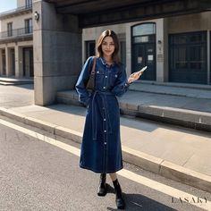 Lasaky - Long-sleeved Denim Shirt Dress with Bubble Sleeves and Waist Belted Long Splits Long Sleeve Denim Dress, Fitted Knit Dress, Fitted Maxi Dress, Denim Midi Dress, Kick Pleat, Bubble Sleeve, Maxi Shirt Dress, Womens Turtleneck, Denim Shirt Dress