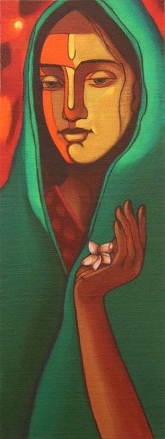 a painting of a woman in green and orange with her hand on her chest, looking to the side