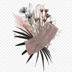 flowers and feathers are placed on top of a piece of paper, transparent background png