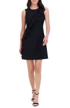 This classic dress gets a little extra movement from a tonal ruffle fluttering from shoulder to hem. Back zip closure Jewel neck Sleeveless Lined 97% polyester, 3% spandex Hand wash, dry flat Imported Elegant One-shoulder Sleeveless Dress With Ruffles, Black One Shoulder Dress With Ruffles For Cocktail, Elegant Dress With Ruffle Hem And Asymmetrical Neckline, Black One Shoulder Dress With Ruffles For Spring, Elegant Sleeveless Dress With Ruffle Hem And Straps, Sleeveless Ruffle Formal Dress, Elegant Sleeveless Dress With Ruffle Hem And Ruffled Straps, Formal One Shoulder Ruffled Sleeveless Dress, Black One Shoulder Dress With Ruffles For Formal Occasions