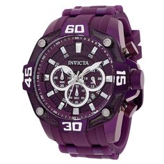 This incredible Invicta watch from the Pro Diver collection offers an exact Quartz movement, with an incredible purple case. The face displays a purple, silver, glass fiber, metal dial protected by our proprietary Flame Fusion Crystal. The design is completed by a purple, band. This timepiece can resist water for up to 100 m. Plunge into any horizon using the steadfast guidance of the Invicta Pro Diver. Stylishly classic, internal workings are forged with variations of bold movements. Built with confident prowess, the fortitude with which these timepieces function makes the Pro Diver the quintessential in performance.From Invicta's founding more than a century ago to the present day, innovation and excellence have been at the core of each era and collection throughout the brand's history. Luxury Purple Watch Accessories With Quartz Movement, Luxury Purple Watch, Invicta Mens Watch, Stellaris Invicta, Invicta Watches Pro Diver, Purple Cases, Invicta Watches, Purple Band, Luminous Colours