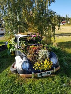 an old car is covered with flowers and plants in the grass near a tree on a sunny day