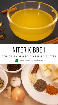 the ingredients to make niter kibbeh are shown in bowls