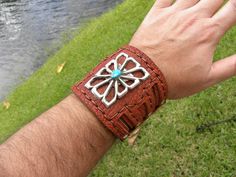 Adjustable Concho Cuff Bracelet Gift, Western Style Leather Bracelet With Concho, Western Style Leather Bracelet With Concho As Gift, Brown Concho Bracelets As Gift, Western Style Leather Concho Bracelet As Gift, Rustic Leather Stamped Jewelry, Western Leather Jewelry With Concho, Handmade Western Brown Bracelets, Southwestern Style Brown Bracelet Jewelry