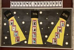 a bulletin board with pictures and numbers on it