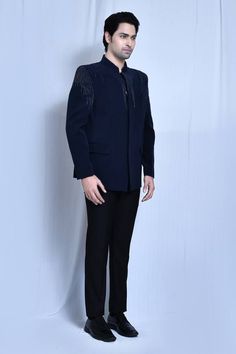 Navy blue full sleeve bandhgala with cutdana placement embroidery in stripe pattern. Paired with black pant. - Aza Fashions Placement Embroidery, Blue Kurta, Band Collar, Pants Pattern, Pocket Square, Aza Fashion, Full Sleeve, Stripes Pattern, Blue Man