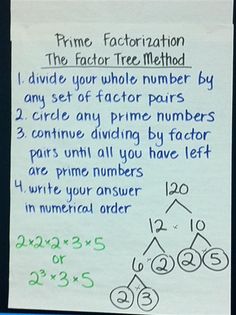 a piece of paper with writing on it that says, prime factorization the fact tree method i divide your whole number by any set of factor pairs