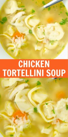 chicken tortellini soup in a white bowl