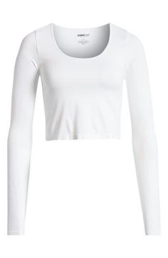 Bare a bit of belly in a crop top designed for a seam-free smoothness. 15 1/2" length (size Medium) Scoop neck Long sleeves 94% polyamide, 6% elastane Machine wash, tumble dry Imported Basic Cropped Elastane Tops, Casual Seamless Scoop Neck Crop Top, Seamless Scoop Neck Elastane Crop Top, Elastane Stretch Crop Top With Scoop Neck, Stretch Elastane Scoop Neck Crop Top, Stretch Elastane Crop Top With Scoop Neck, Casual Seamless Medium Support Crop Top, Fitted Seamless Cropped Crop Top, Casual Medium Support Seamless Crop Top