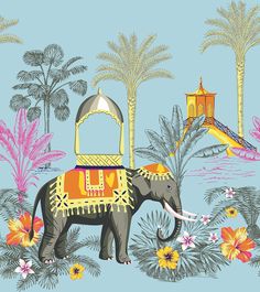 an elephant is standing in the middle of flowers and palm trees