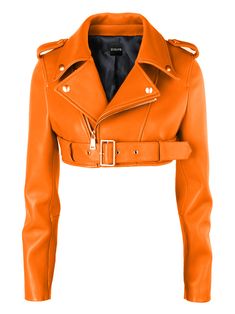 Sheepskin Zip front Front zip pockets Cropped silhouette Belted straight hem Polyester lining Our Style No. ZC_CLISTA Made-to-order (MTO) style Please allow additional 3-5 days for MTO order to be processed Orange Leather Jacket, Patchwork Denim Skirt, Orange Jacket, Cropped Leather Jacket, Purple Baby, Denim Patchwork, Orange Leather, Leather Outfit, Crop Jacket