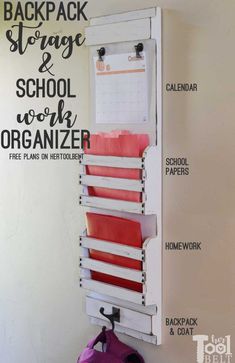 the back wall storage and school work organizer is labeled with instructions for how to use it