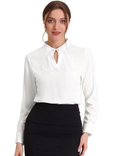 Elegant to wear on most occasion! The pleated mock neck and the pearl decor design instantly elevate this blouse and make it a sophisticated choice for day or night. For Casual, Dating, Office, Work, Formal and Daily Wear, etc. Perfectly pair it with pants or skirts for an elegant and casual look. Solid Color Stand Collar Tops For Work, Elegant Top With Stand Collar, Chic Stand Collar Office Tops, Classic Blouse With Stand Collar For Work, Chic Formal Tops With Stand Collar, Solid Color Blouse With Stand Collar For Work, Elegant Semi-formal Tops With Stand Collar, Classic Stand Collar Tops For Work, Classic Stand Collar Top For Work