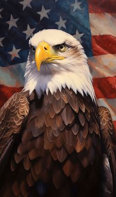 an eagle is standing in front of the american flag with its head turned to the side