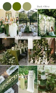 a collage of photos with green and white wedding colors in the same color scheme