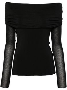 black fine knit ruched detailing gathered detailing square neck off-shoulder long sleeves thumb slots raw-cut hem Wedding Guest Looks, Versace Outfit, Yoko London, Off Shoulder Tops, Ballet Flat Shoes, Ski Wear, Lady Dior, Top Shoes, Square Neck