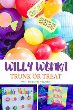 there are balloons and candy on display with the words, willy wonka trunk or treat