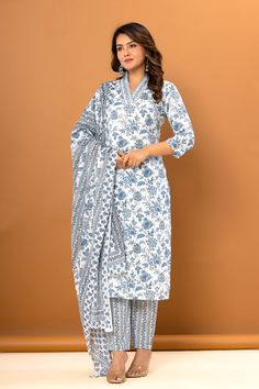 Impress Everyone With Your Stunning Look By Wearing this gorgeous Ethnic Set. The Trendy Work & Designs Speak A Language Of Elegance And Felinity, Using The Finest Quality Fabrics And Is Trendy Fashionable As Well As Comfortable. It Is Light In Weight And Will Be Soft For Your Skin. A Pretty Kurta To Wear At Parties, Functions Or Just Casually Which Is Stylish & comfortable To Wear For Women Or This Kurti And You Will Be A Fashion Statement Every Time With Brand Of Satvi Creations. # Pure Sangan Bohemian Cotton Palazzo Set For Wedding, Bohemian Sets With Floral Print In Traditional Drape, Bohemian Sets With Floral Print And Traditional Drape, Fitted Bohemian Palazzo Set With Traditional Drape, Bohemian White Anarkali Set With Printed Motifs, Fitted Floral Print Sets For Transitional Season, Bohemian Straight Kurta Sets For Transitional Season, Fitted Block Print Palazzo Set For Wedding, Festive Bohemian Printed Sets