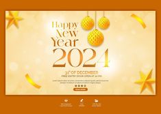 a happy new year banner with gold stars and ribbons on an orange background for the holiday season