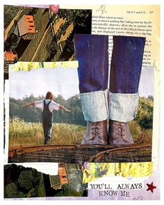 collage with images of people standing on train tracks and holding hands in the air