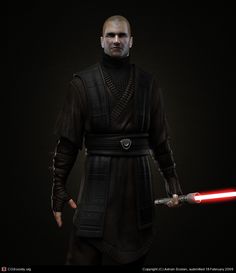 a character from star wars holding a red light saber in one hand and a black background