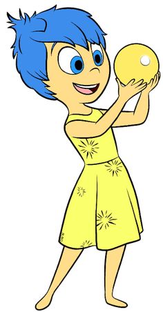 an animated character with blue hair holding a yellow object in one hand and smiling at the camera