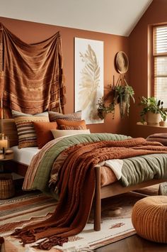 a bed room with a neatly made bed and lots of pillows on top of it