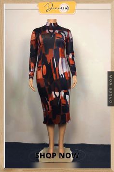 Women's Printed O-neck Long-sleeved High Waist Bodycon Dress Colorful Midi Dress, Casual Dresses Plus Size, Big Size Dress, Skirt Plus Size, Printed Bodycon Dress, Curvy Dress, Long Sleeve Bodycon, Online Fashion Stores, Trending Dresses