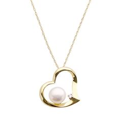 "A freshwater cultured pearl and a sparkling diamond accent add a lovely hint of elegance to this beautiful heart pendant. Comes in a gift box. Pendant Details: Pendant length: .55 in. Necklace: 18 in. Clasp: spring-ring Metal: 10k goldCultured Pearl Details: Type: freshwater Shape: button Size: 6-6.5 mm Color: whiteDiamond Details: Total weight: less than 1/10 ct. Cut: round Color: H-I Clarity: I3 Setting: prongImage(s) may be enlarged to show detail.Diamond weights are approximate. Diamond tot Elegant Necklace With Diamond Accents For Mom, Elegant Heart Necklace With Diamond Accents For Mother's Day, Elegant Open Heart Necklace For Mother's Day, Elegant Open Heart Birthstone Necklace, Heart Pendant Necklace With Pearl Charm For Anniversary, Elegant Open Heart Jewelry Gift For Mom, Elegant Formal Heart Necklace With Birthstone, Pearl Heart Charm Necklace For Anniversary, Pearl Heart Pendant Jewelry For Anniversary