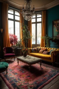 a living room filled with lots of furniture and a chandelier hanging from the ceiling