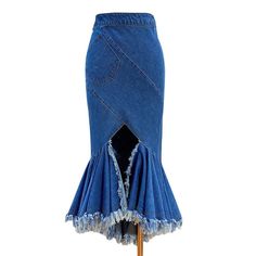 44492718964958|44492718997726|44492719030494 Fitted High Waist Skirt With Frayed Hem, Fitted Denim Blue Skirt With Frayed Hem, Blue Stretch Skirt With Frayed Hem, Fitted Pencil Skirt With Frayed Hem, Fitted Denim Pencil Skirt With Frayed Hem, Denim Bodycon Skirt, Jean Ideas, Denim Skirt Women, Clothing Catalog