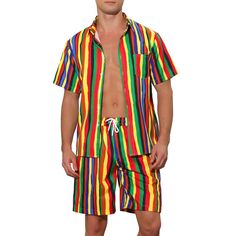 Men's Hawaiian Rainbow 2-piece outfits offer a fun and relaxed option for casual wear. The 2 pieces set can be accessorized with a straw hat or sunglasses for added sun protection and style. The 2 pieces matching set of rainbow-striped shirts and shorts are perfect for the beach, summer dates, pool parties, etc. Vacation Multicolor Drawstring Swim Trunks, Playful Multicolor Shorts For Pool, Multicolor Two-piece Sets For Beach, Hawaiian Rainbow, Multicolor Swim Trunks With Built-in Shorts For Poolside, Tropical Multicolor Swim Trunks With Built-in Shorts, Rainbow Outfit, Tech T Shirts, Polka Dot Shorts