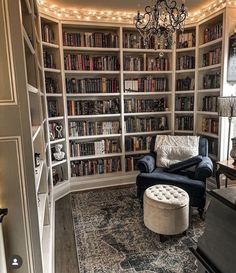 a living room filled with lots of bookshelves next to a couch and chair