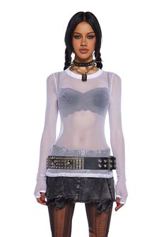 base|white Fishnet Stretch Tops For Fall, Stretch Fishnet Mesh Top For Fall, Sheer Mesh Top For Winter, Spring Long Sleeve Mesh Top For Club, Fishnet Mesh Top For Fall, Sheer Long Sleeve Mesh Top For Club, Edgy Stretch Mesh Top With Crew Neck, Edgy Mesh Top For Fall, Punk Style Mesh Tops For Fall