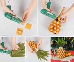 four pictures showing how to make pineapples with glue and fruit juicer attachments