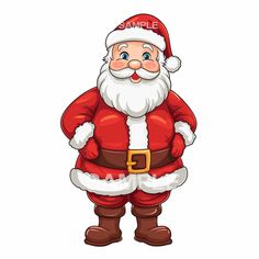 a cartoon santa claus standing with his hands in his pockets and the words sample written on it