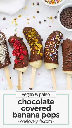 chocolate dipped bananas with sprinkles on them and the title vegan + pale - friendly chocolate dipped bananas