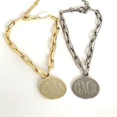 "Thick Monogram Paper Clip Chain Bracelet Sterling Silver or Gold Plated Monogrammed Stylish Just in the trendy our thick paper clip chain goes great with our monogram pendants. This sterling silver necklace or gold plated over sterling makes a beautiful present for your wife, mother or friend (or for yourself!). They are also perfect for for bridesmaids presents. I will engrave a monogram, single initial or name onto the round pendant. Comes in gift box. Pendant - Sterling Silver or Gold Filled Personalized Silver Oval Link Chain Bracelet, Personalized Silver Link Chain Bracelet, Trendy Personalized Paperclip Jewelry, Engraved Link Chain Bracelet Gift, Silver Jewelry With Paperclip Chain And Initial Pendant, Modern Metal Chain Bracelet Personalized, Personalized Minimalist Chain Link Jewelry, Personalized Silver Paperclip Bracelet, Silver Stainless Steel Paperclip Bracelet As Gift