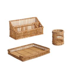 three wicker baskets with lids and trays