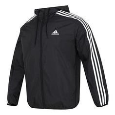 adidas Essentials Woven 3-Stripes Windbreaker Jacket 'Black' IB0378 (Men's) Sporty Adidas Windbreaker For Winter, Adidas Logo Outerwear For Sports Season, Sporty Adidas Windbreaker With Logo, Adidas Windbreaker For Streetwear, Adidas Logo Windbreaker For Streetwear, Sporty Hooded Windbreaker With Adidas Logo, Black Windbreaker For Outdoor Sports Season, Adidas Logo Hooded Windbreaker For Sports, Functional Black Adidas Track Jacket