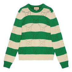 Gucci GG Lace Striped Knit Sweater 'Beige Green' 729536-XKC0T-9762 Gucci Jersey, Striped Knit Sweater, Hot Sneakers, Beige Sweater, Green Sweater, Dolce & Gabbana, Stylish Sneakers, Nike Dunk, Striped Knit